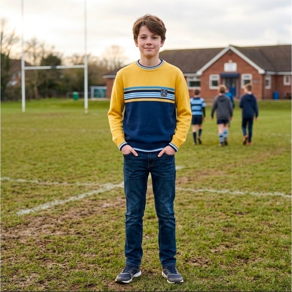 E-Land Kids American Classic Yellow Navy Blue Rugby Knit Sweater XL 14-16 160/76